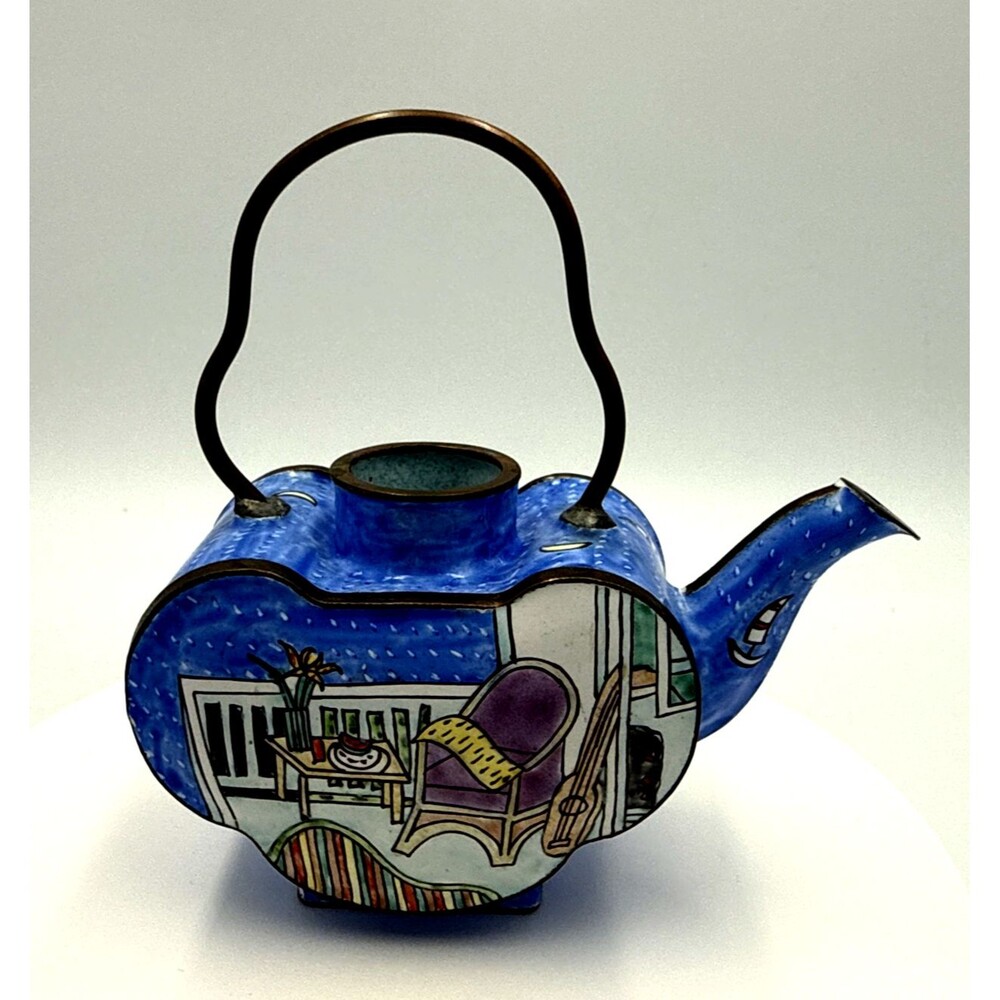 Vintage 1997 Empress Arts Ltd Miniature Enamel Teapot - Balcony Room Scene Theme